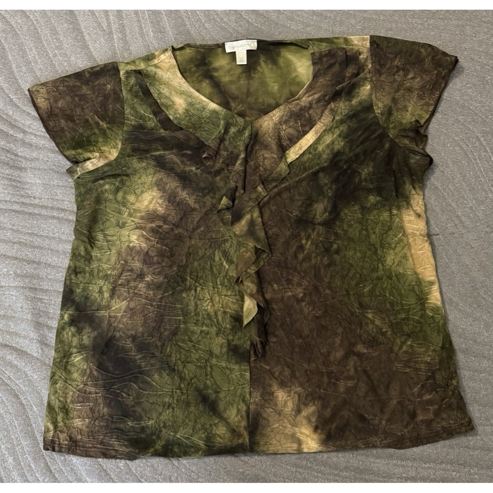 Dressbarn‎ Burnout T-Shirt Green Top Y2K Fairy Grunge Whimsy 2X Tie Dye Ruffle